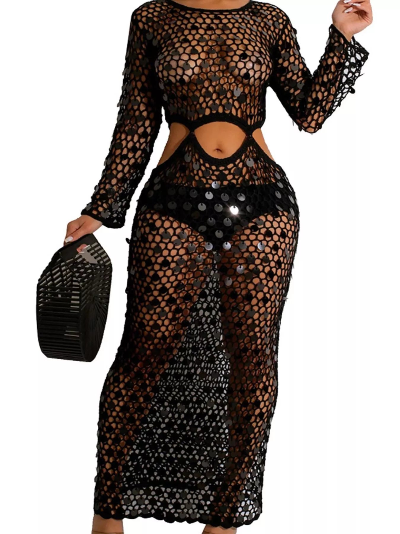 Shopimist sequin mesh cutout maxi dress featuring shimmering sequins, mesh fabric, and stylish cutout details for a glamorous look.