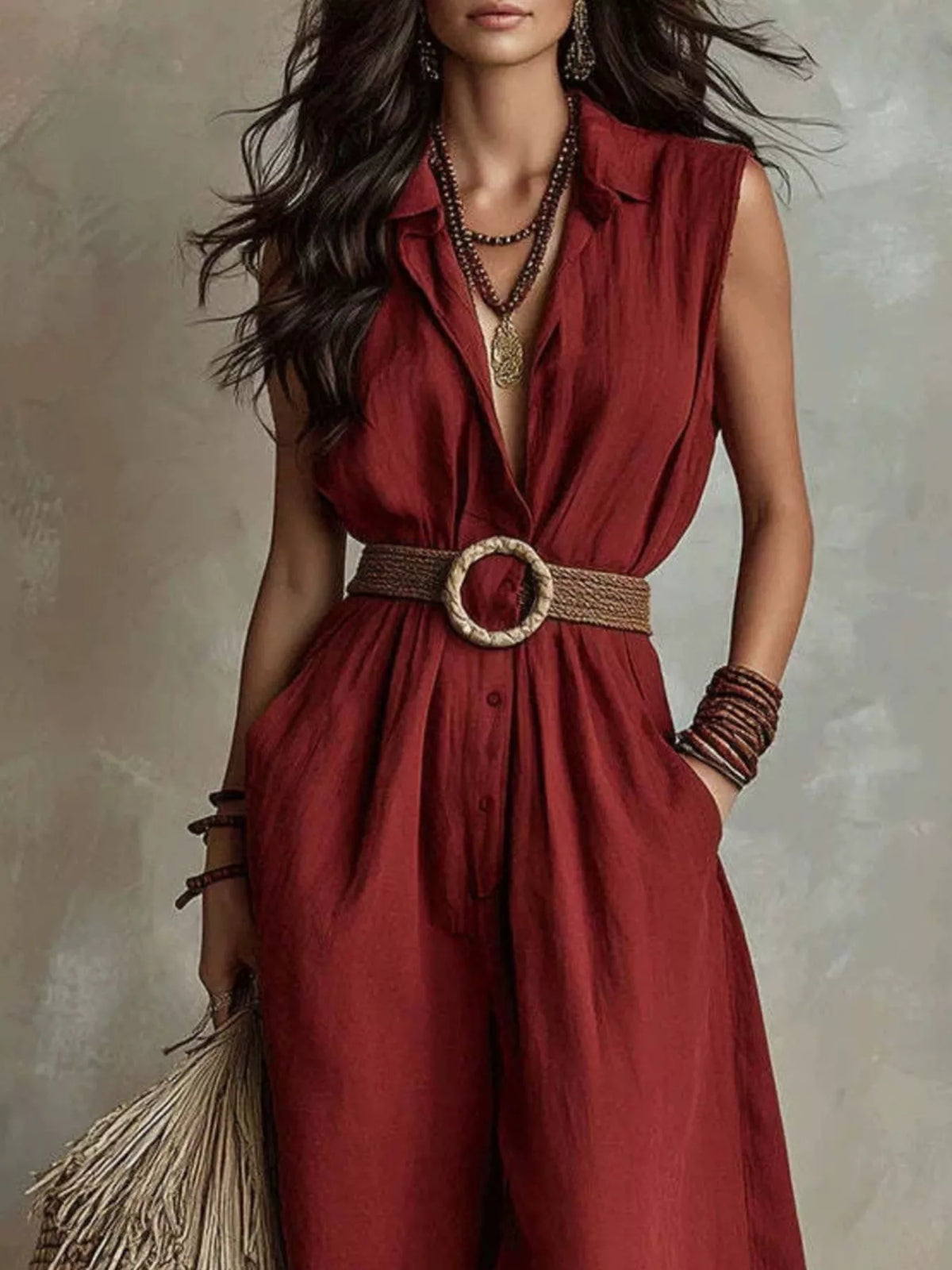 Plus size sleeveless full-length wide-leg jumpsuit by Plush Fashion Hub, featuring a stylish fit and flowing fabric.