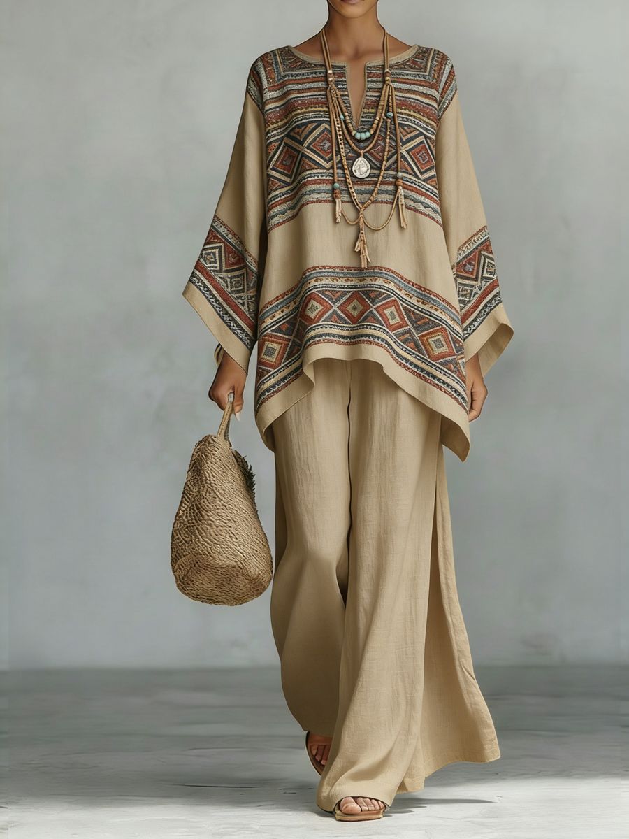 Floral print bamboo linen two-piece set with wide-leg pants by FitiqueFit, featuring a matching top and relaxed fit trousers.