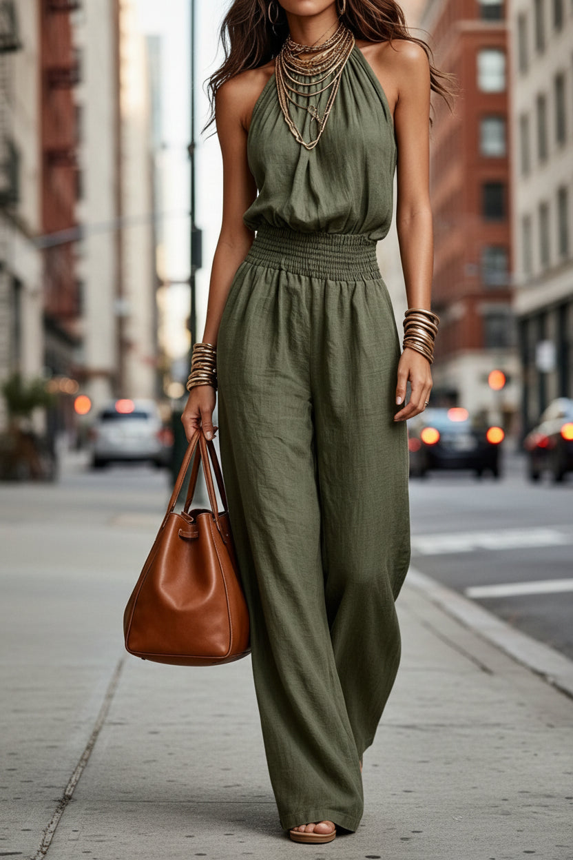 Women's sleeveless backless lace-up halter wide-leg jumpsuit in casualwear style, featuring lace details and a relaxed fit.