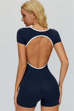 Fitglutes Activewear The Whisper Romper jumpsuit shown in black, featuring a fitted design and sporty style for workout comfort.