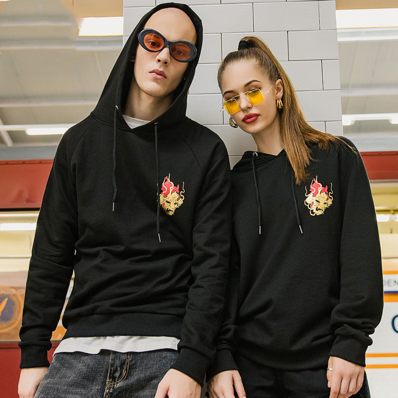 Matching unisex couple hoodies from FitiqueFit, casualwear pullover sweatshirts for lovers, featuring a cozy, stylish design.