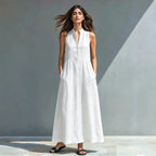 Women’s FitiqueFit stand-collar A-line maxi dress with a flowing silhouette, ideal for resort and vacation style.