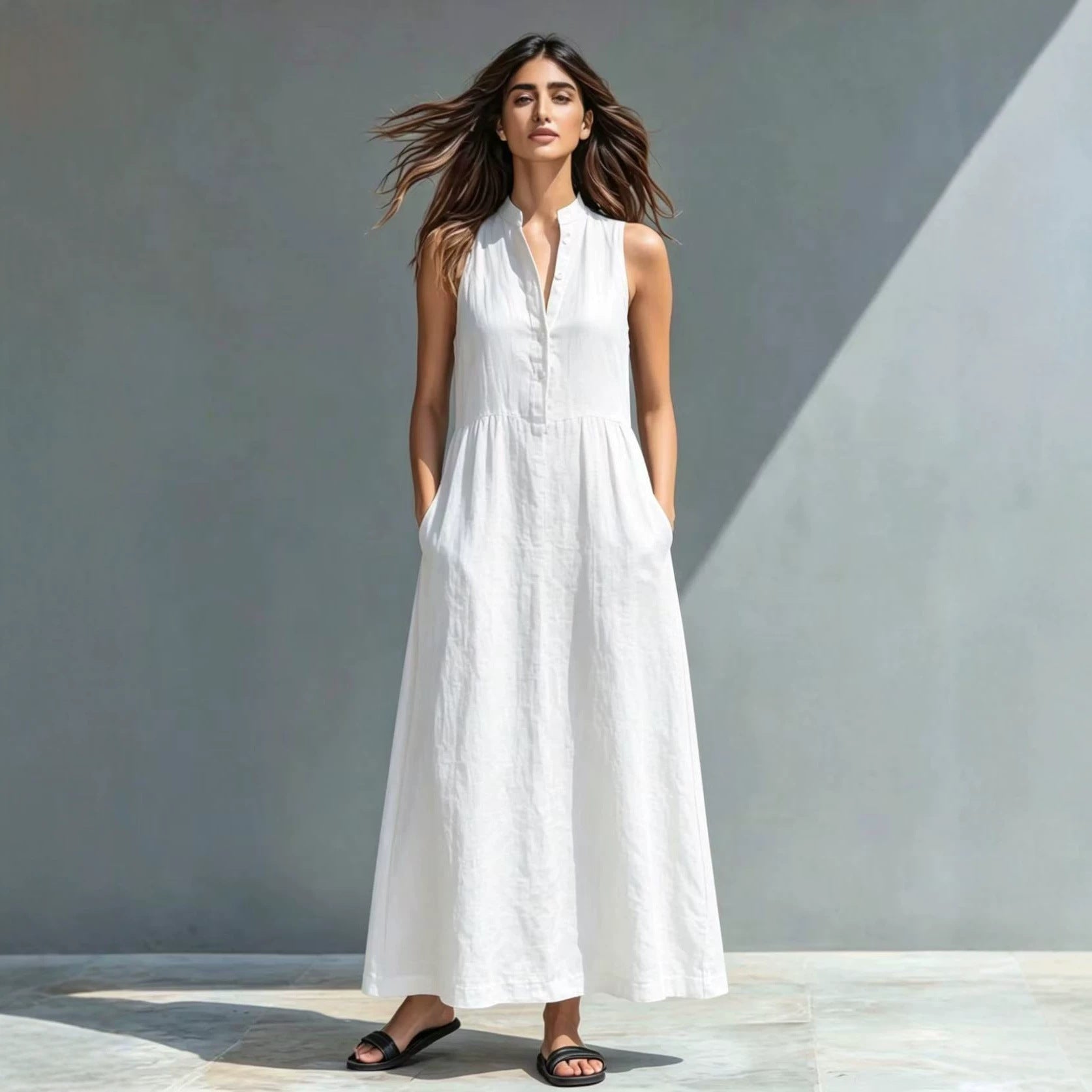 Women’s FitiqueFit stand-collar A-line maxi dress with a flowing silhouette, ideal for resort and vacation style.