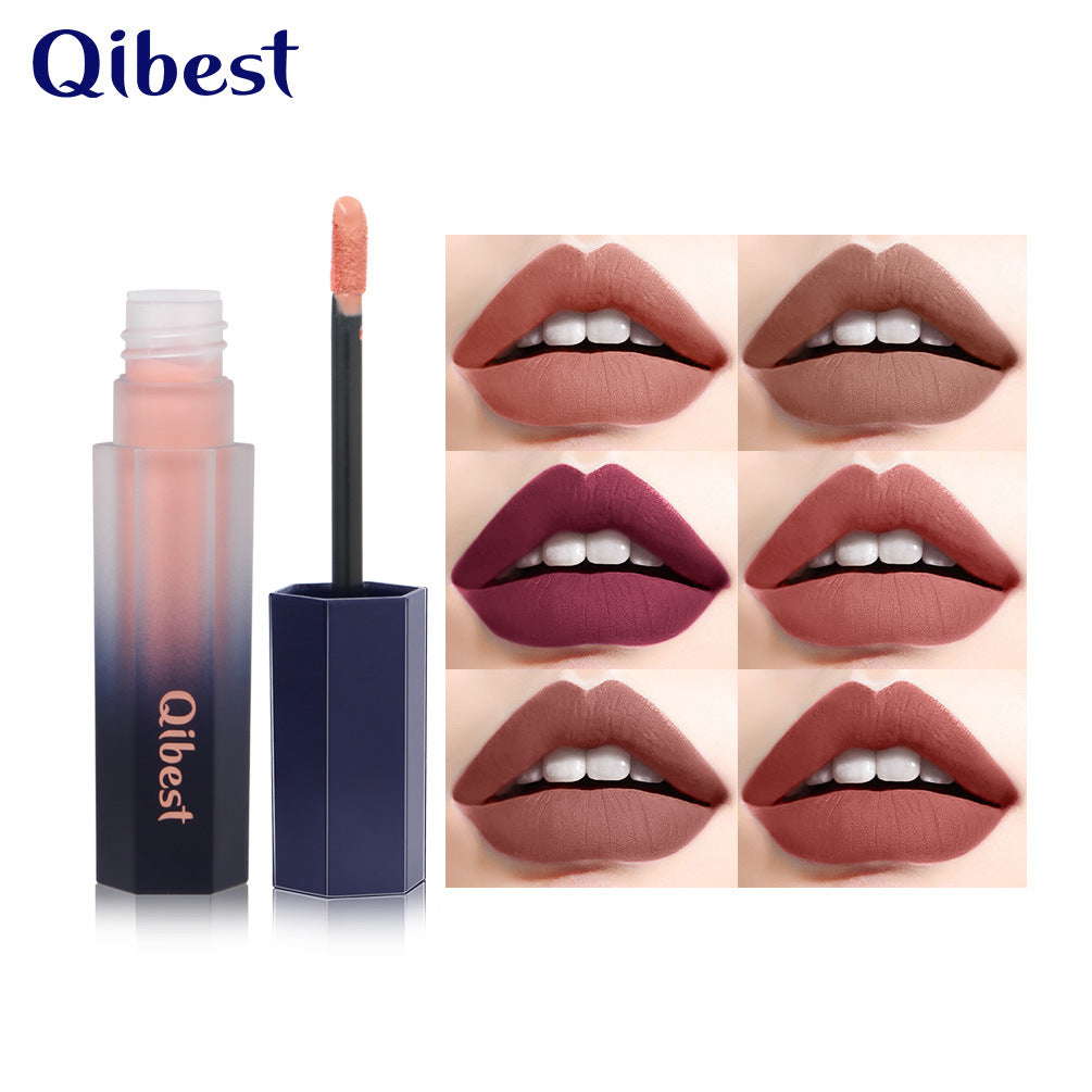 Qibest matte liquid lipstick in gradient pink and blue bottle, with swatches on lips.