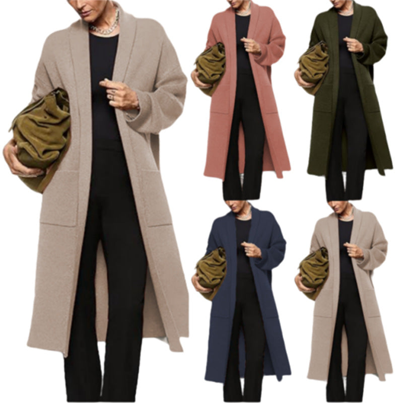 Five long knitted cardigans in beige, pink, olive, blue, and beige, with shawl collars and patch pockets.