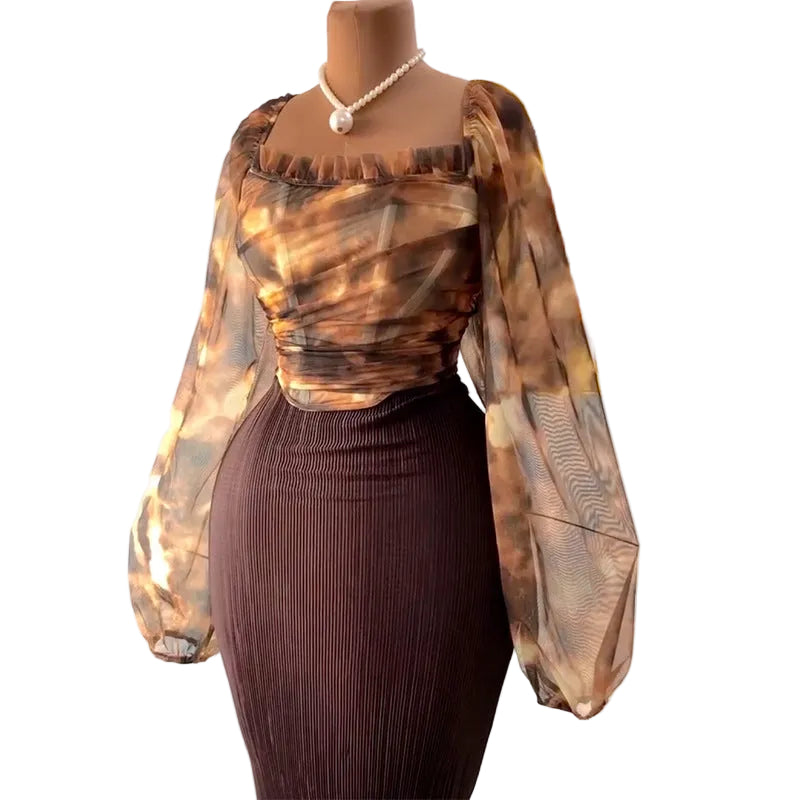 Square Collar Lantern Sleeve Top & High-Waisted Skirt Set