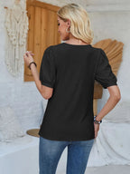 Plush Fashion Hub eyelet asymmetrical neck short sleeve T-shirt, stylish tops with unique neckline and comfortable fit.