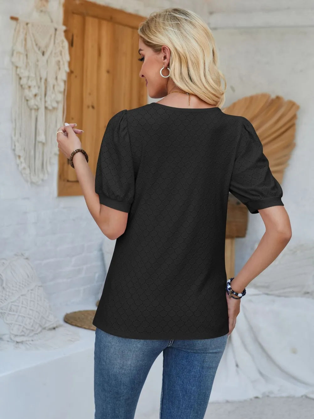 Plush Fashion Hub eyelet asymmetrical neck short sleeve T-shirt, stylish tops with unique neckline and comfortable fit.