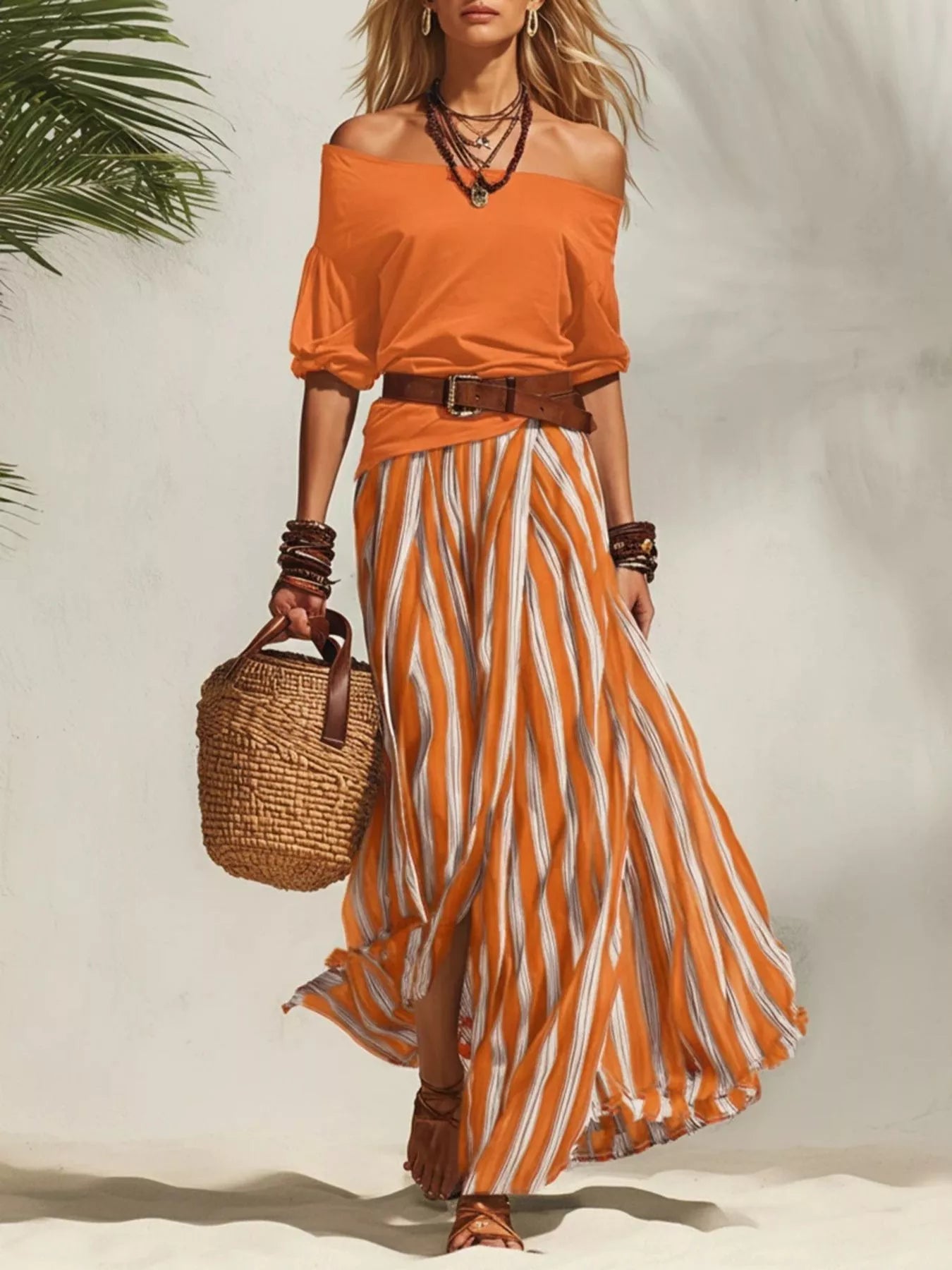 Shopimist off-shoulder top and striped maxi skirt set, featuring a stylish, coordinated summer outfit with breezy fabric and vibrant stripes.