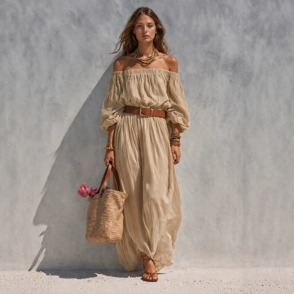 Women's boat-neck sleeveless cotton-linen maxi dress by Plush Fashion Hub, featuring a flowy, comfortable summer dress style.