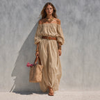 Women's boat-neck sleeveless cotton-linen maxi dress by Plush Fashion Hub, featuring a flowy, comfortable summer dress style.