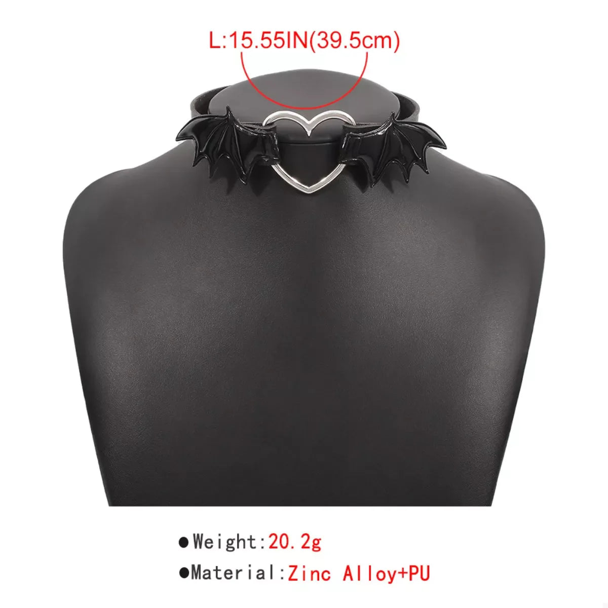 Gothic black choker necklace with bat wing and heart pendant, Shopimist Gothic Bat Wing Heart Choker Necklace on a white background.