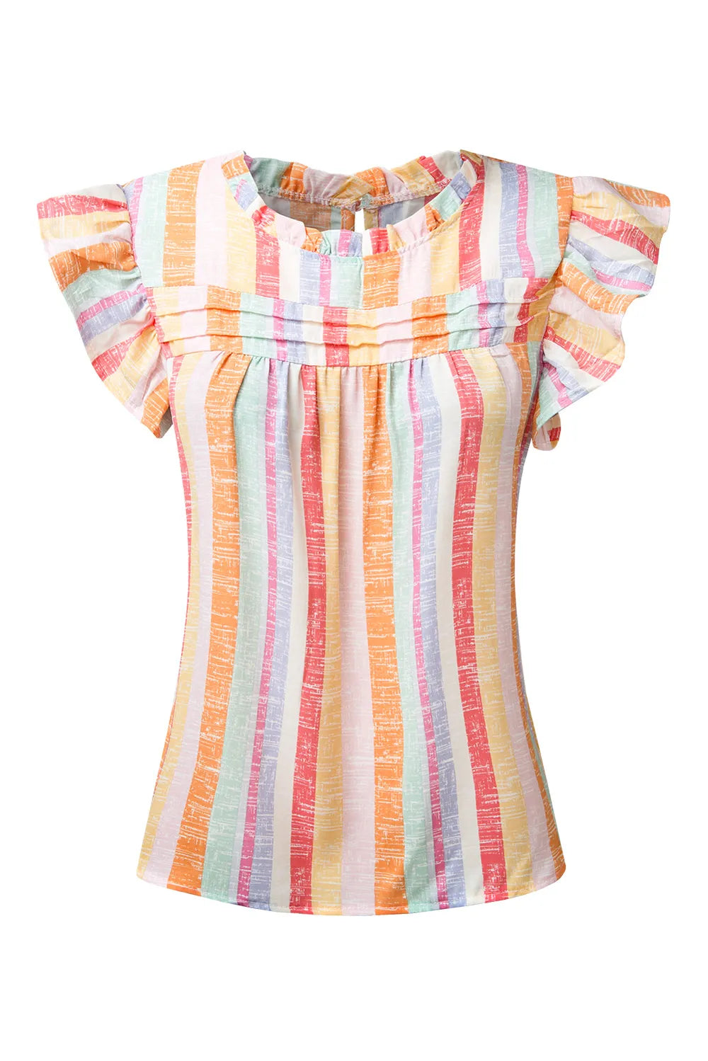 Women's ruffled striped cap sleeve blouse by Trendsi, lightweight casual chic top with ruffle details and breathable fabric.