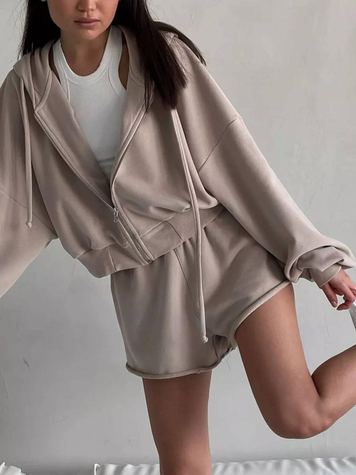Plush Fashion Hub zip-up long sleeve outerwear and matching shorts set, casual style with comfortable fabric, displayed on a mannequin.