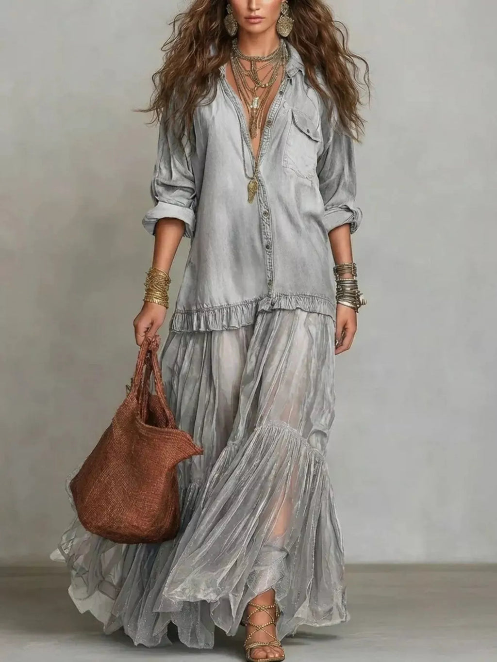 Long sleeve sheer ruffle maxi dress by Shopimist featuring flowing fabric and elegant ruffle details for a stylish look.