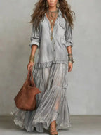 Long sleeve sheer ruffle maxi dress by Shopimist featuring flowing fabric and elegant ruffle details for a stylish look.