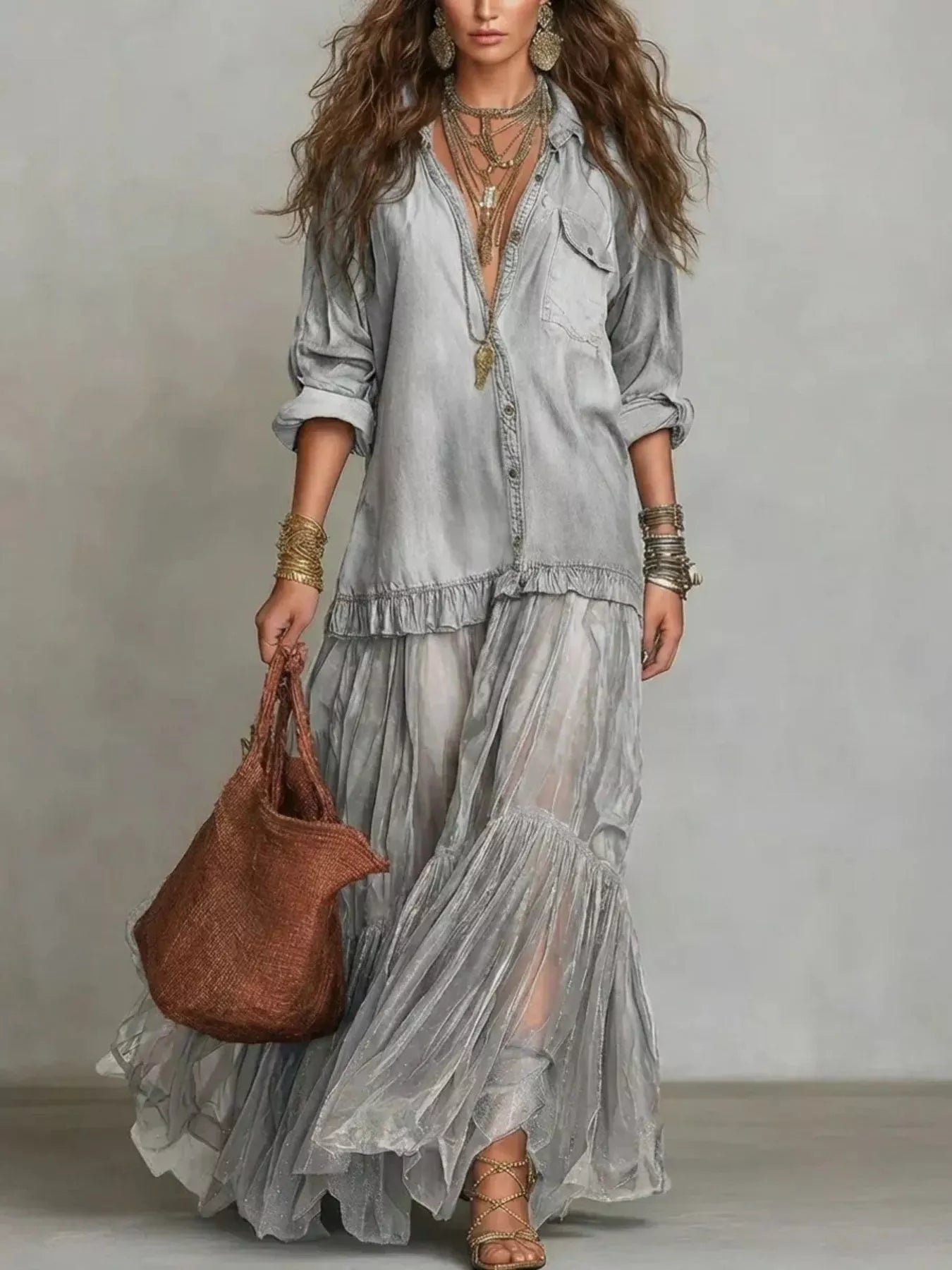 Long sleeve sheer ruffle maxi dress by Shopimist featuring flowing fabric and elegant ruffle details for a stylish look.