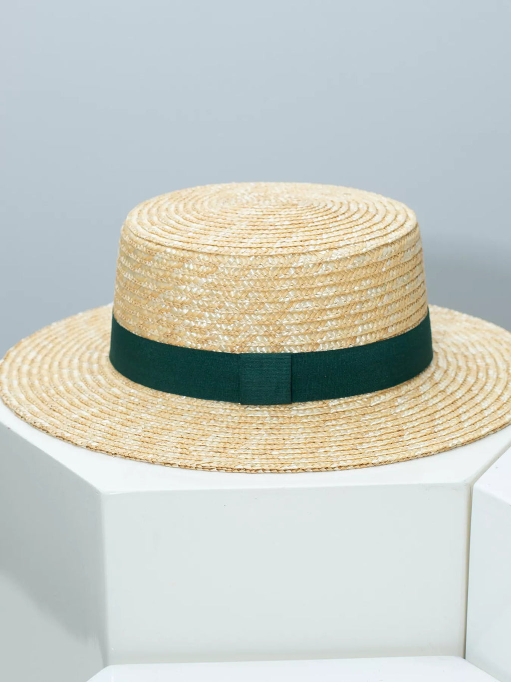 Plush Fashion Hub classic wheat straw boater hat with decorative ribbon, elegant summer accessory, lightweight and stylish for sunny days.