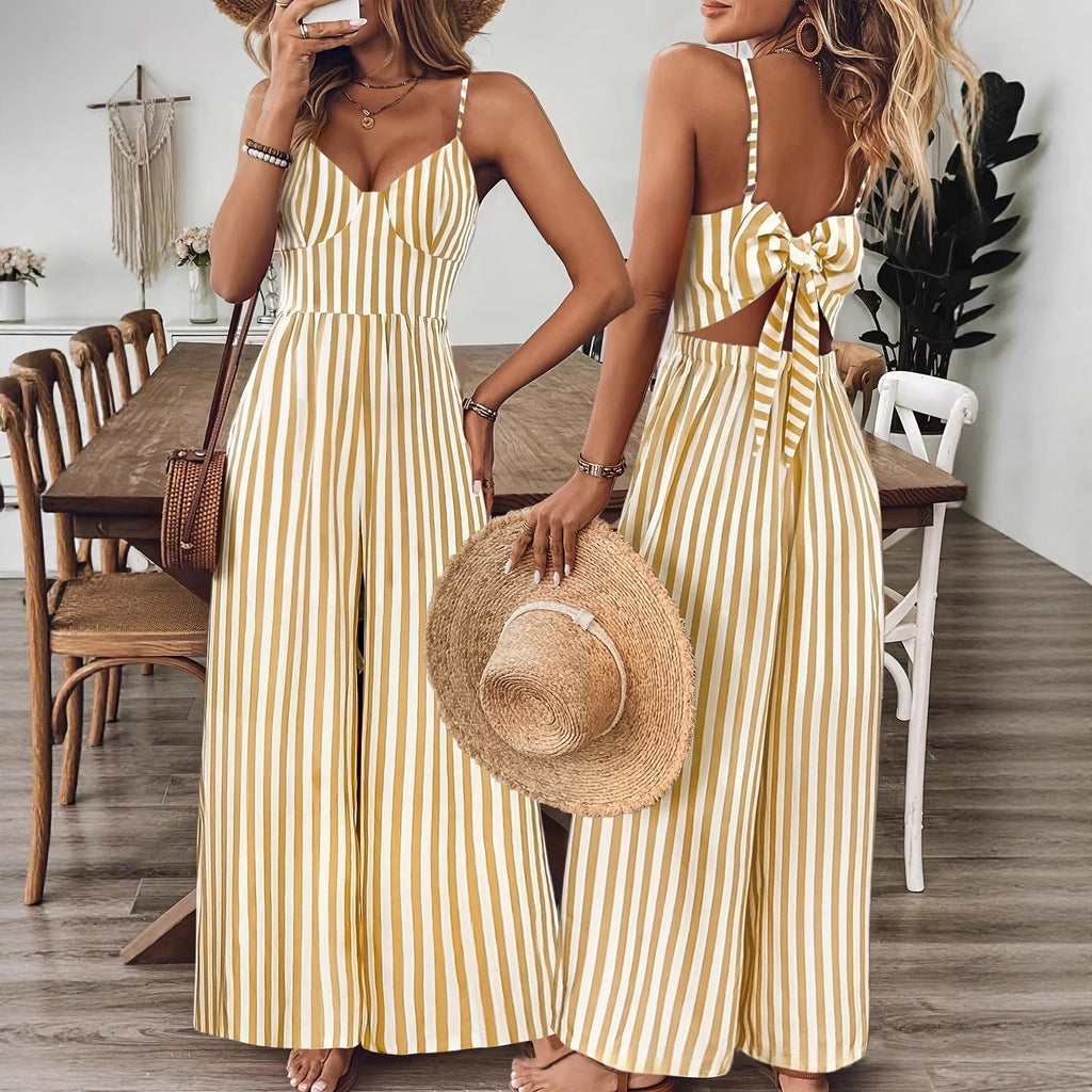 Bright ginger yellow printed backless sleeveless jumpsuit from FitiqueFit, featuring a strap design and stylish, casual fit.