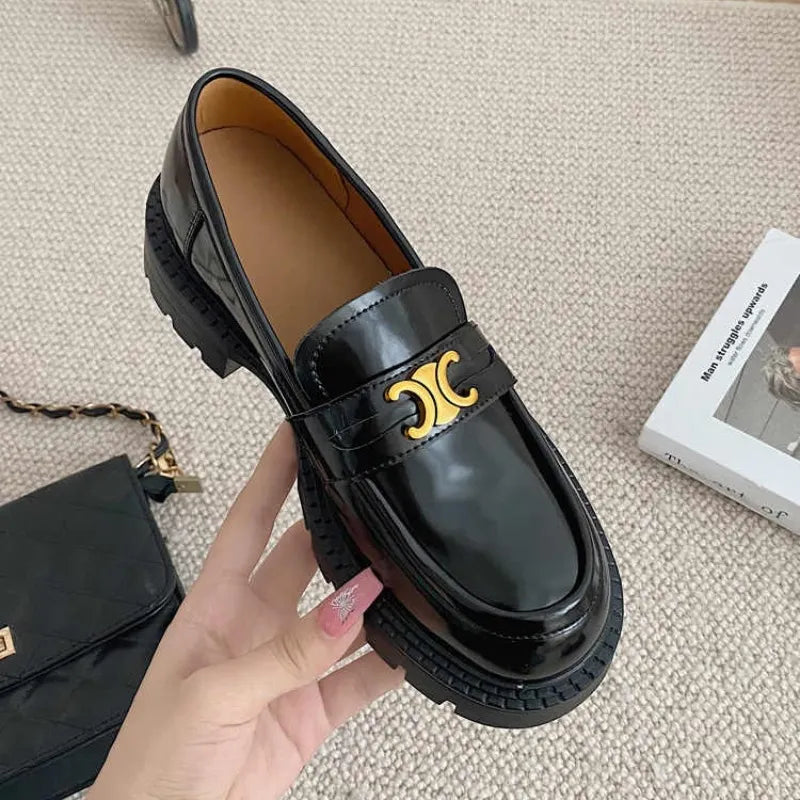 Trendsi round toe block heel loafers in black, stylish footwear with a sleek design and comfortable chunky heel.