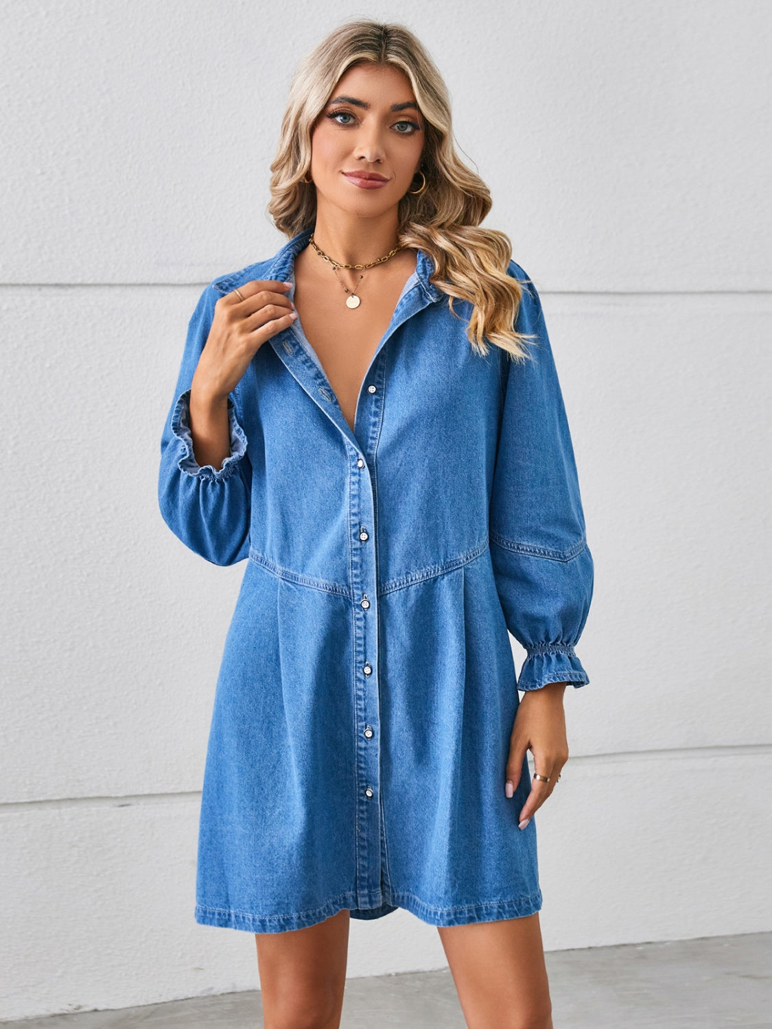VYSN button-up denim mini dress with flounce sleeves, stylish and casual fashion piece, shown on a model.
