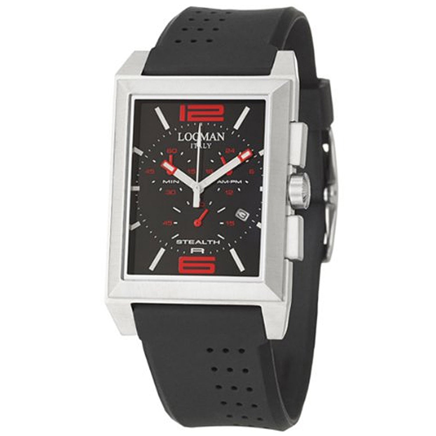 Black Locman men's sport watch with digital display and black strap, showcasing a sleek, modern design.