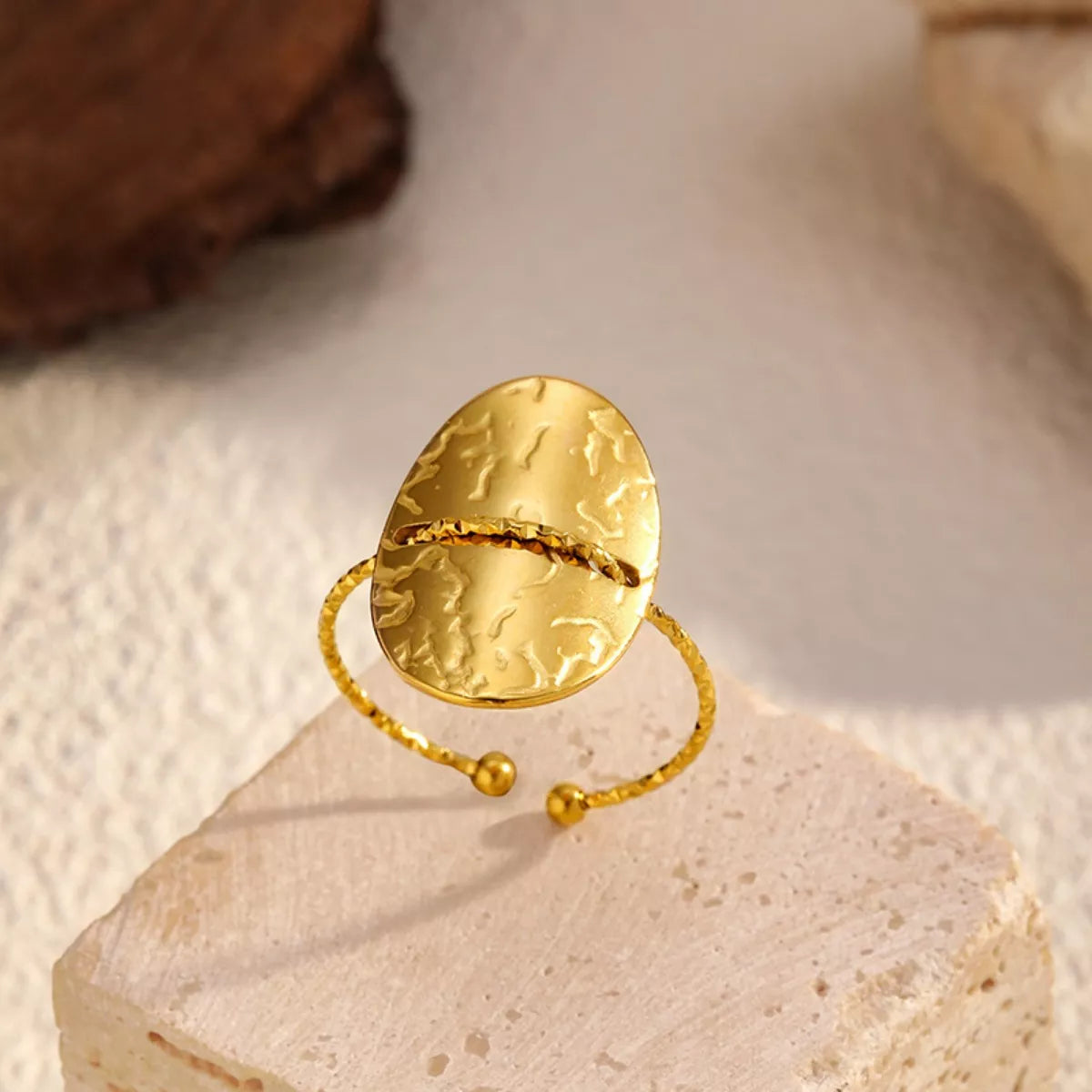 Hammered disc open ring by Shopimist featuring a textured metal design and adjustable open band style.