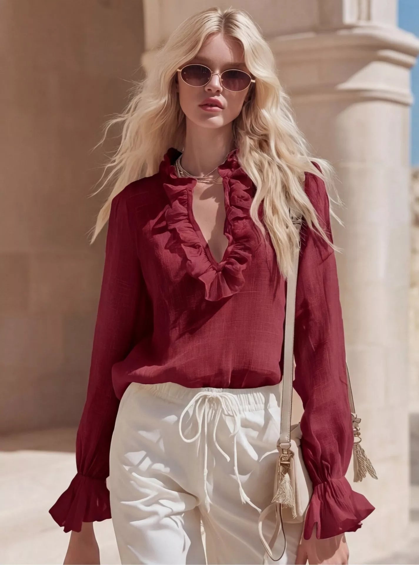 Shopimist ruffled v-neck long sleeve blouse with feminine design and soft fabric, displayed on a hanger.