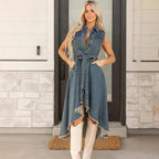 Women's sleeveless denim midi dress with irregular hem and button-front design by FitiqueFit, showcasing casual and stylish summer fashion.