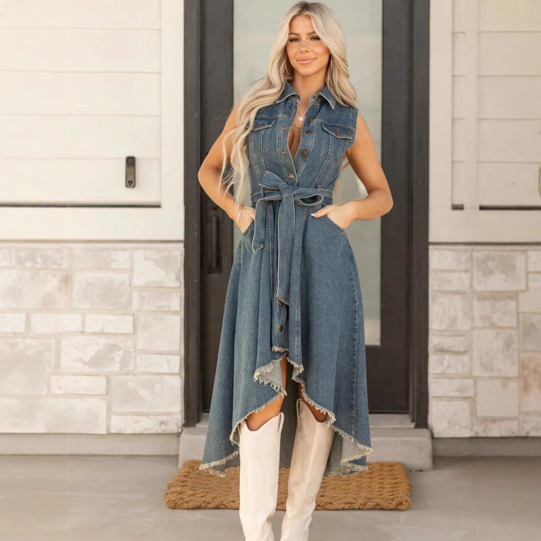 Women's sleeveless denim midi dress with irregular hem and button-front design by FitiqueFit, showcasing casual and stylish summer fashion.