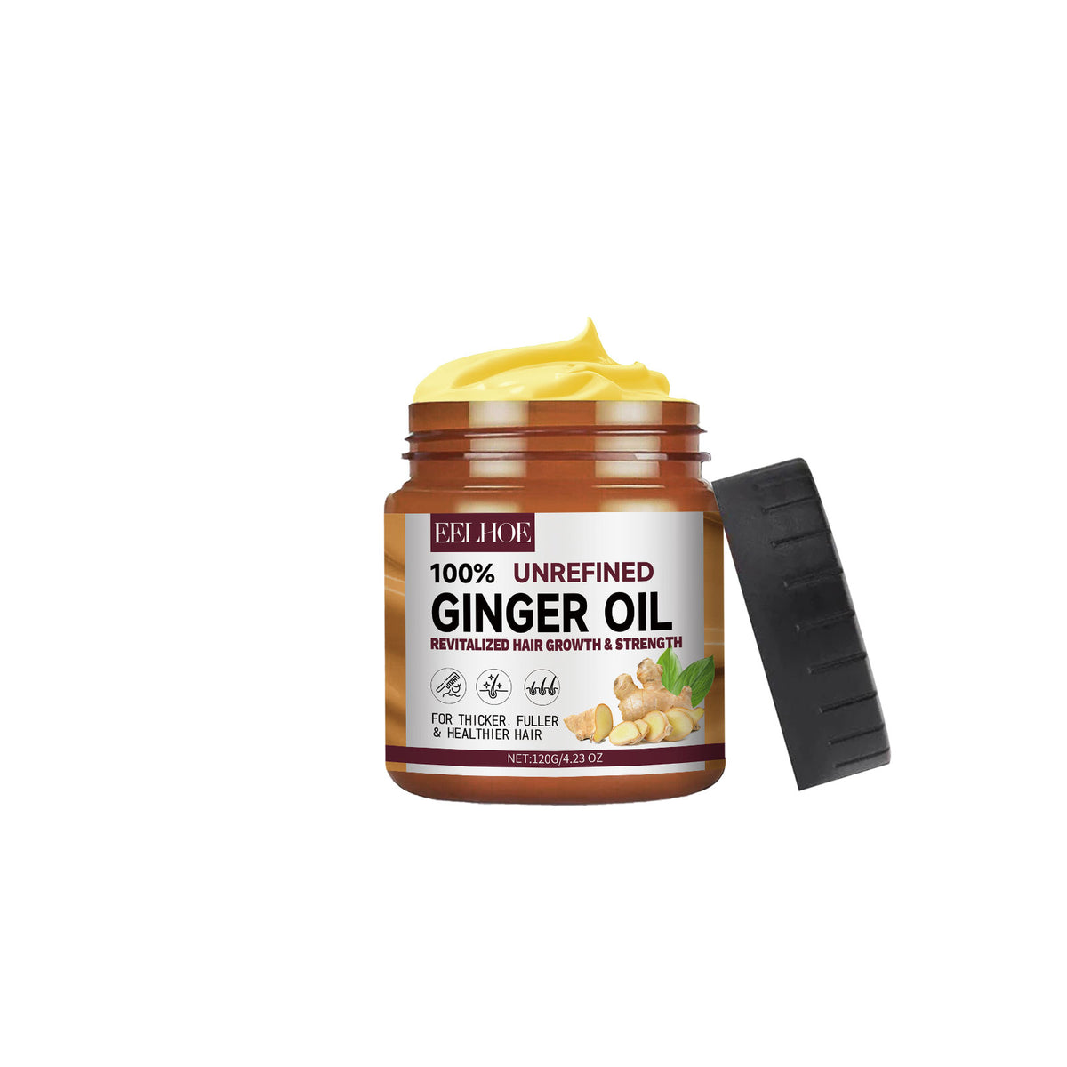 Brown jar of Eelhoe ginger hair oil with a black cap, filled with yellow cream.
