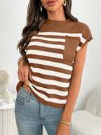 Women's striped knit cap sleeve sweater with pocket detail, trendy outerwear by Trendsi, perfect for casual wear.
