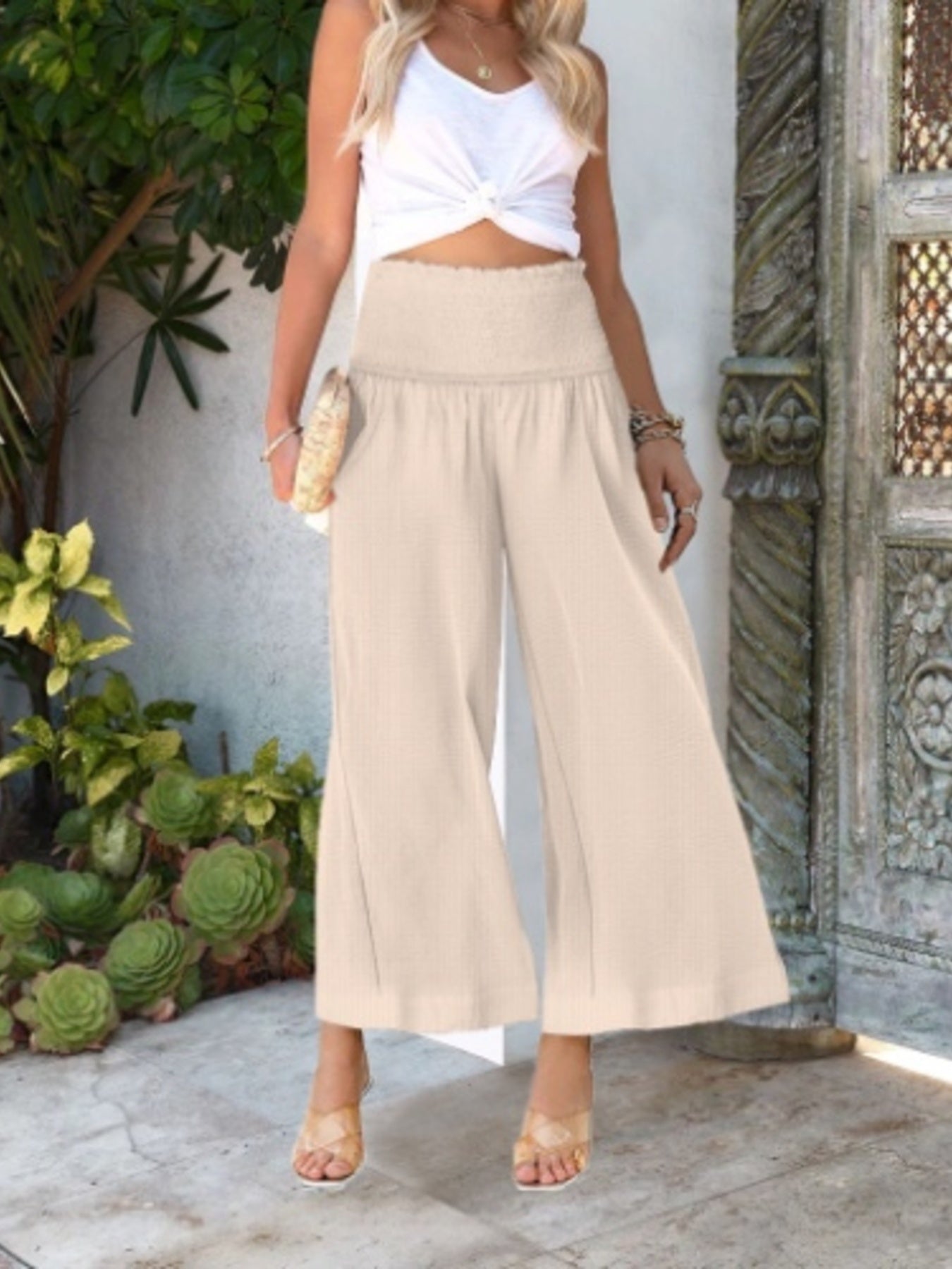 Women's lightweight wide-leg casual trousers with smocked waist, comfortable and stylish pants from Trendsi.