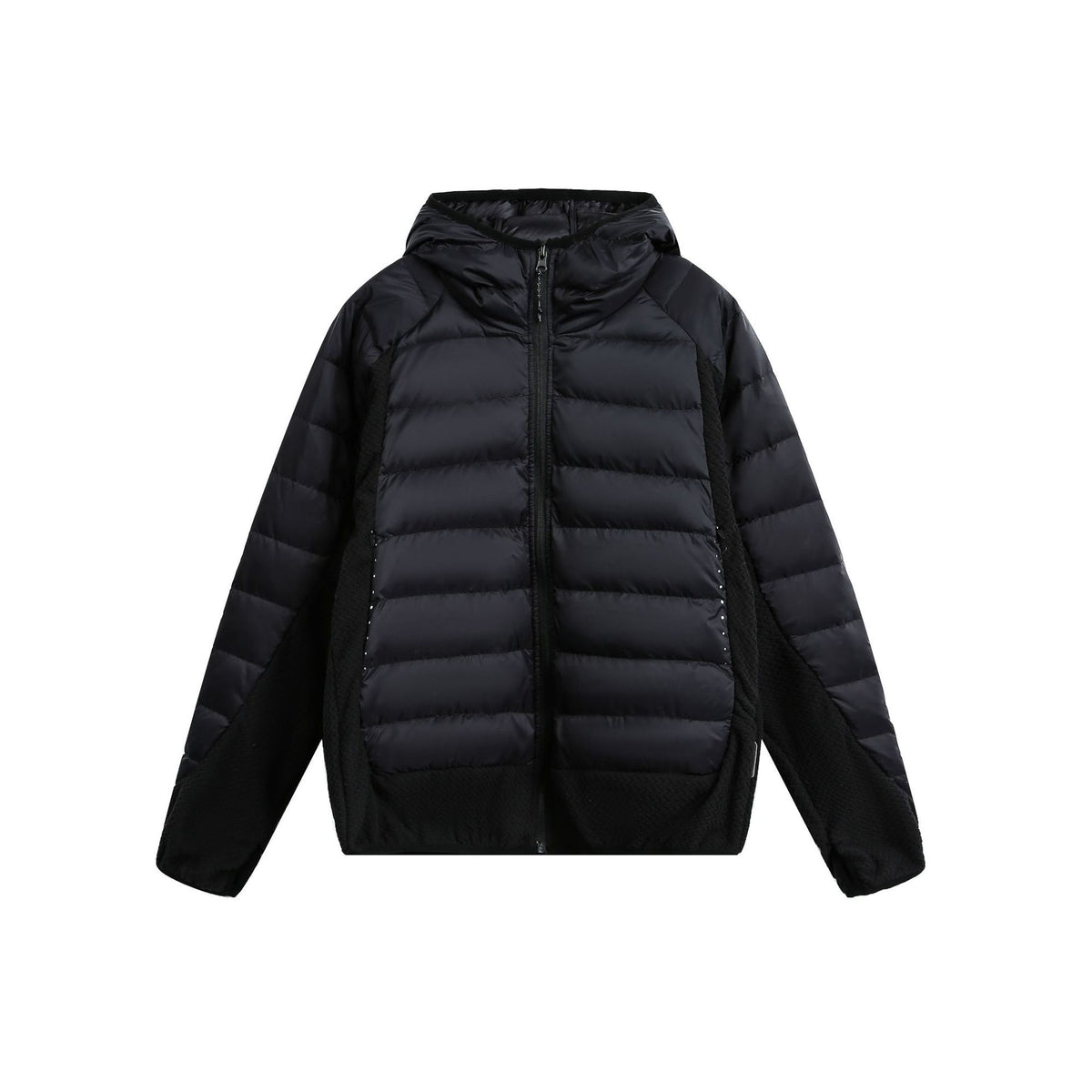 Black quilted hooded jacket with a zippered front, side pockets, and textured fabric panels on sides and hem.