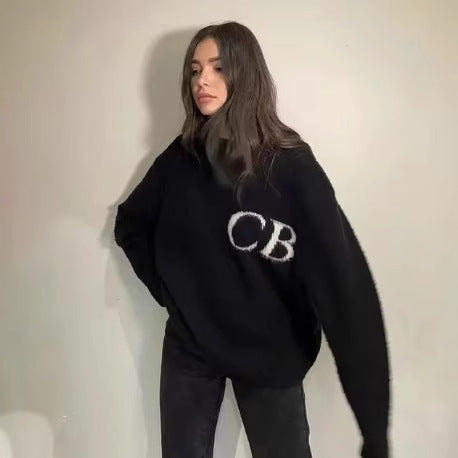 Unisex Casual Oversized CB Letter Knit Crew Neck Sweater