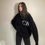 Unisex Casual Oversized CB Letter Knit Crew Neck Sweater