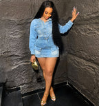 Women's Washed Stretch Denim Streetwear Mini Dress with Multi-Pockets