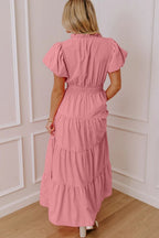 Women’s floral ruffled tiered puff sleeve maxi dress by Plush Fashion Hub, featuring elegant long dress with ruffle details.