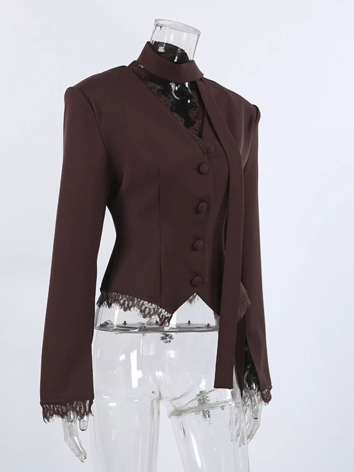 Lace trim button-up blazer by Trendsi featuring structured design and elegant lace details on the collar and cuffs.