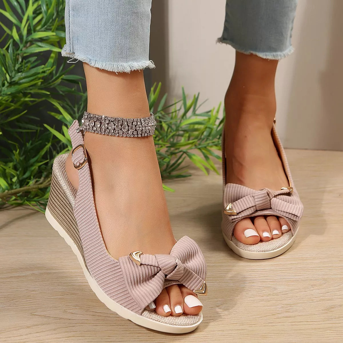 Open toe wedge sandals by Shopimist featuring a stylish design with a comfortable platform and neutral color.