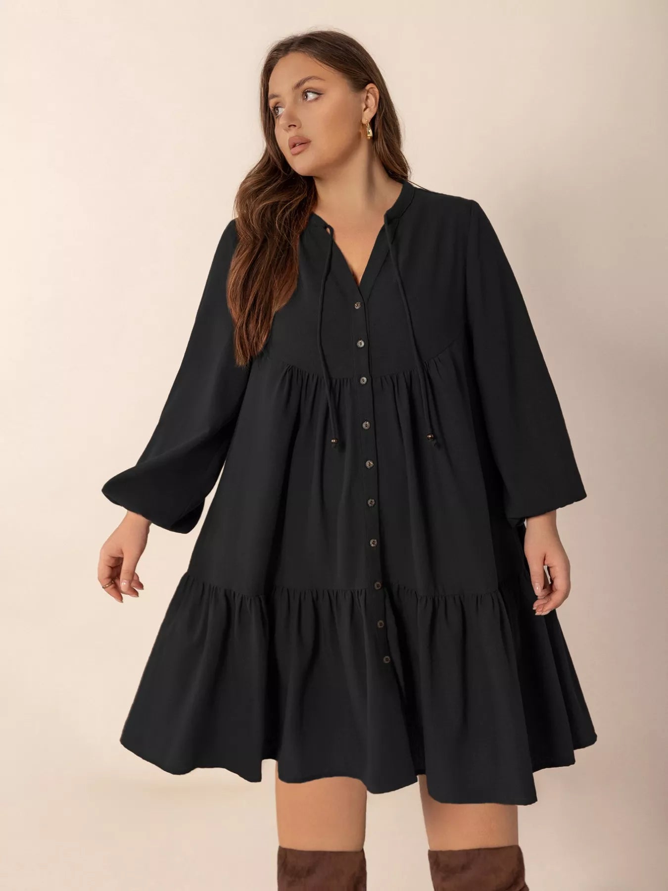 Plus size button front balloon sleeve dress by Plush Fashion Hub, showcasing a stylish dress with a flattering fit and trendy balloon sleeves.