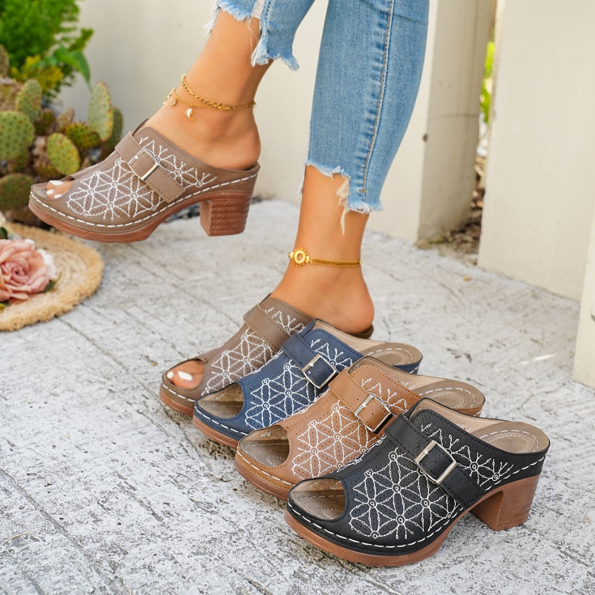 Women's chic buckle detail block heel sandals in premium faux leather, trendy shoe by Trendsi, with stylish ankle strap.