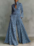 Leopard print wide-leg pants set for women featuring a casual two-piece outfit by FitiqueFit, displayed on a model.