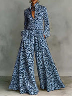 Leopard print wide-leg pants set for women featuring a casual two-piece outfit by FitiqueFit, displayed on a model.