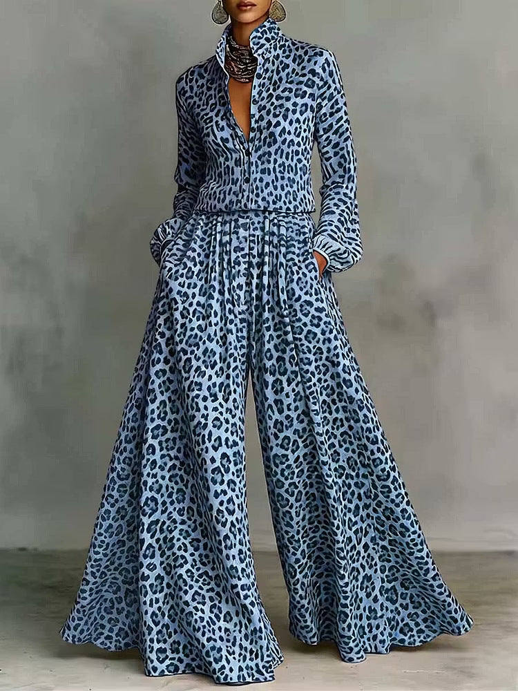 Leopard print wide-leg pants set for women featuring a casual two-piece outfit by FitiqueFit, displayed on a model.
