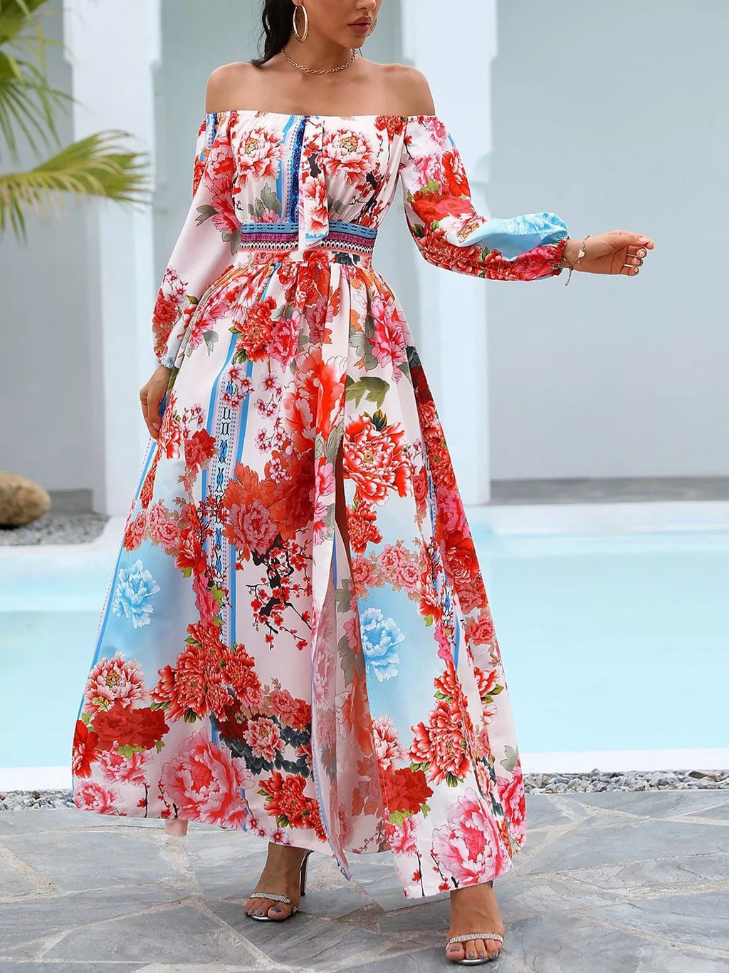 Shopimist slit printed off-shoulder maxi dress featuring a flowing silhouette, vibrant print, and elegant off-the-shoulder design.
