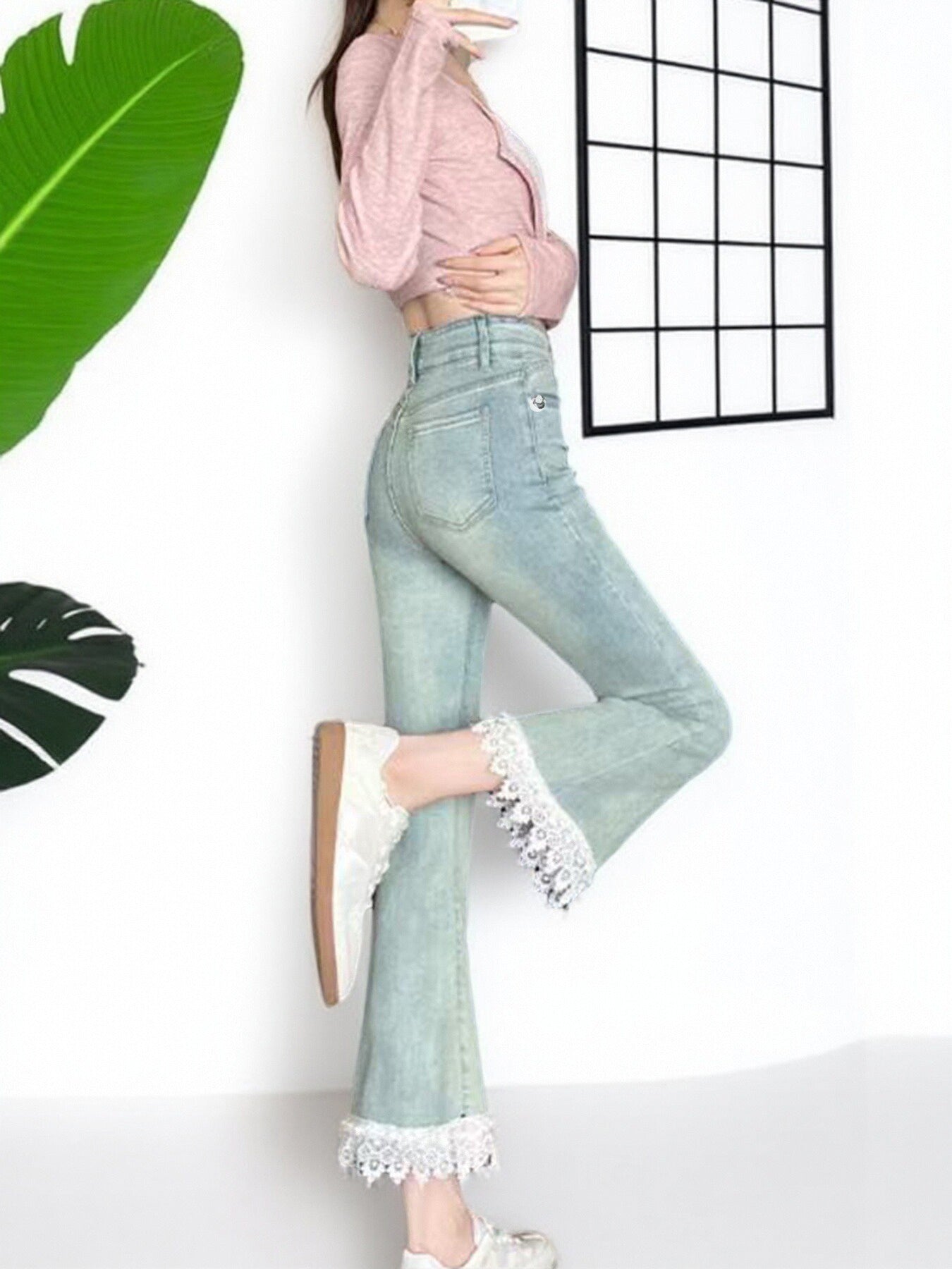 Light blue micro-flare lace stretch jeans for women by Plush Fashion Hub, casualwear with a fitted lace design and flared hem.