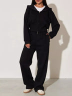 Plush Fashion Hub zip-up hoodie and wide-leg pants loungewear set in soft fabric, featuring a relaxed fit and casual style.
