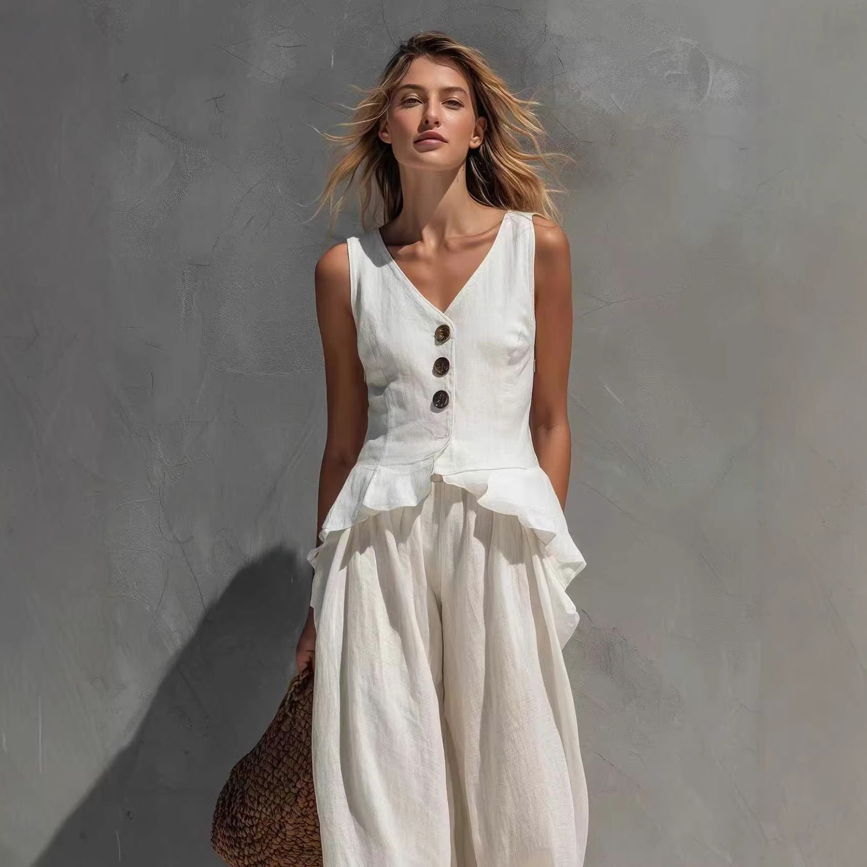 Women’s sleeveless top and wide-leg pants casualwear set by FitiqueFit, featuring a stylish two-piece outfit in soft fabric.